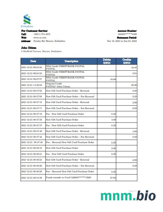Zimbabwe Standard Chartered Bank statement template w formacie Word i PDF